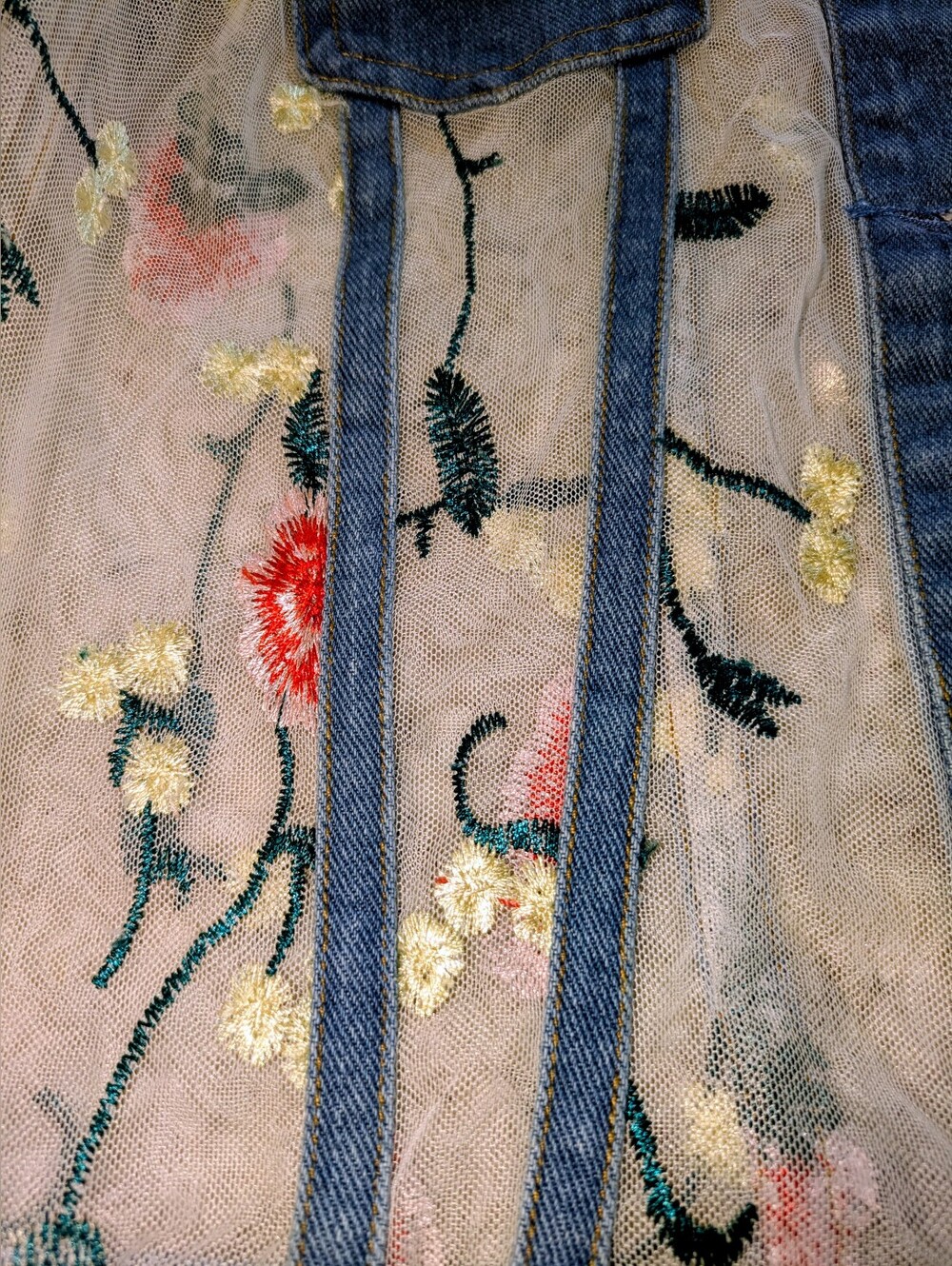 Sugar Lips Floral Embroidered Sheer Mesh Denim Trucker Jacket M - Picture 5 of 13